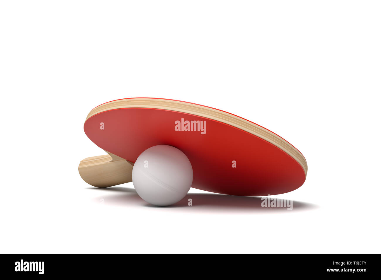 3d close-up rendering of ping pong ball covered with racket and on white background. Stock Photo