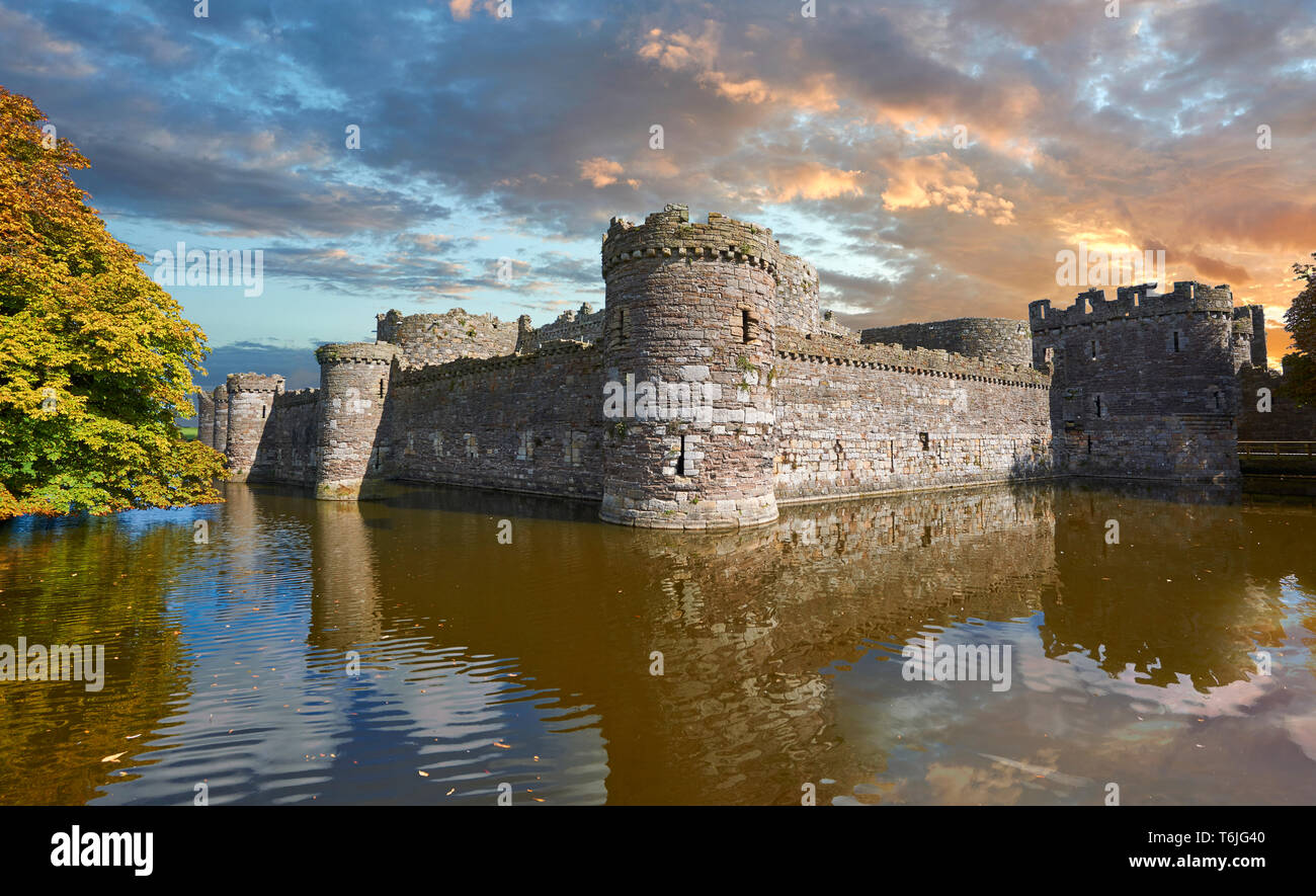Beaumaris Castle, looking towards Snowdonia, built in 1284 by Edward 1st, considered to be one of the finest example of 13th century military archite Stock Photo
