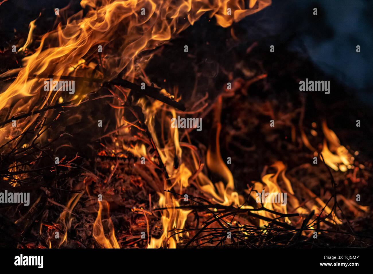 Forest wildfire at night whole area covered by flame and clouds of dark