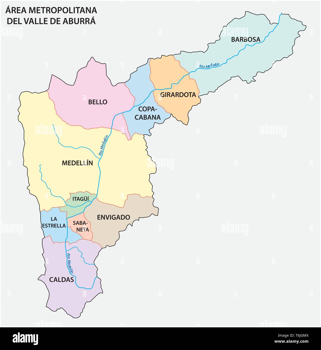 Administrative and political map of the Colombian Metropolitan Area of the Aburra Valley Stock Vector