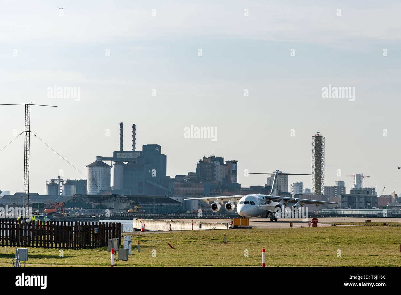 London, UK - 17, February 2019: CityJet a Irish regional airline based in Dublin, British Aerospace aircraft type Avro RJ85 at the London City Airport Stock Photo