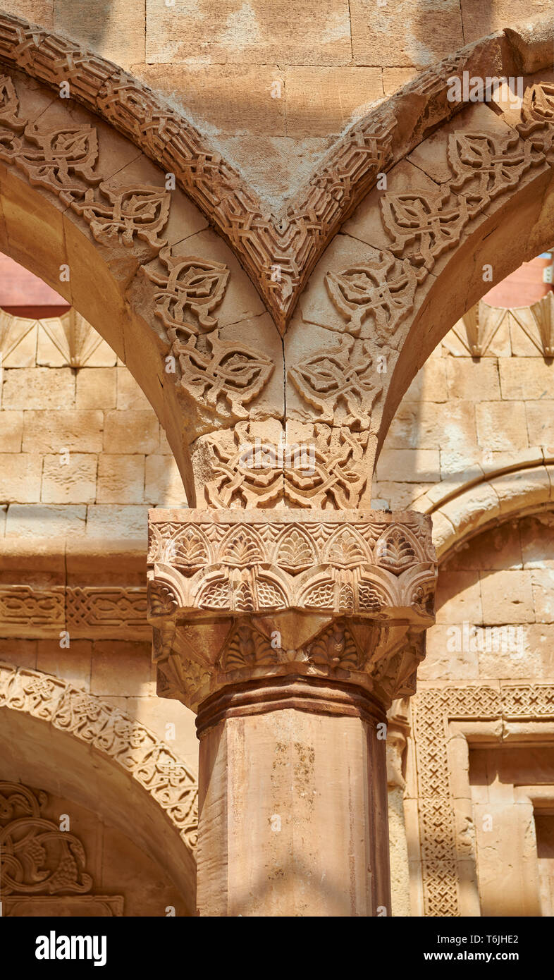 Pillar capital close up of  the 18th Century Ottoman Hareem of the Ishak Pasha Palace (Turkish: İshak Paşa Sarayı) ,  Agrı province of eastern Turkey. Stock Photo