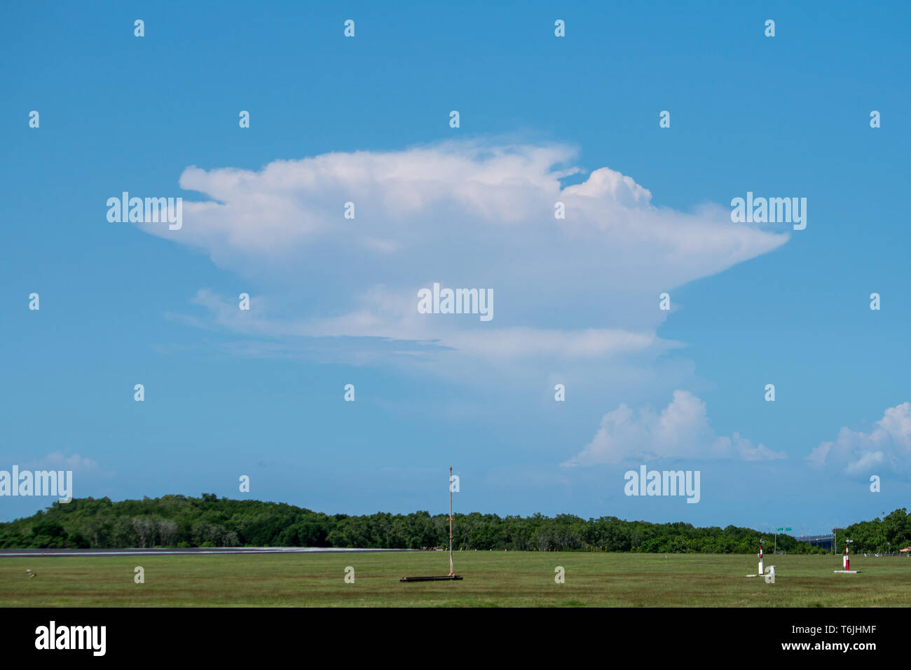 A process of convective cloud from cumulus to towering cumulus and cumulonimbus cloud at the green grass and tree surface Stock Photo