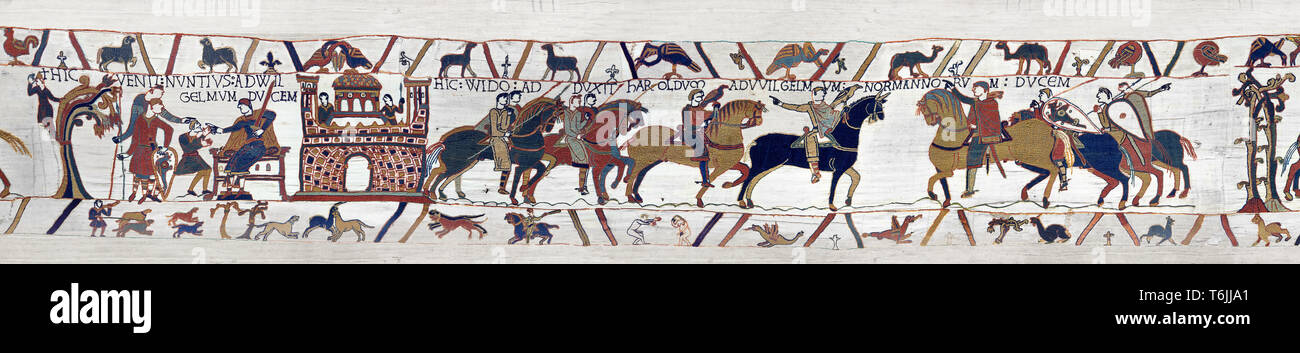 Bayeux Tapestry Scene 12 and 13  - Duke William gives orders to messengers  and Harold is handed over by Guy count of Ponthieu to Duke Williams Stock Photo