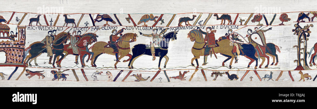 Bayeux Tapestry  Scene 13 - Harold is handed over by Guy count of Ponthieu to Duke Williams. Stock Photo