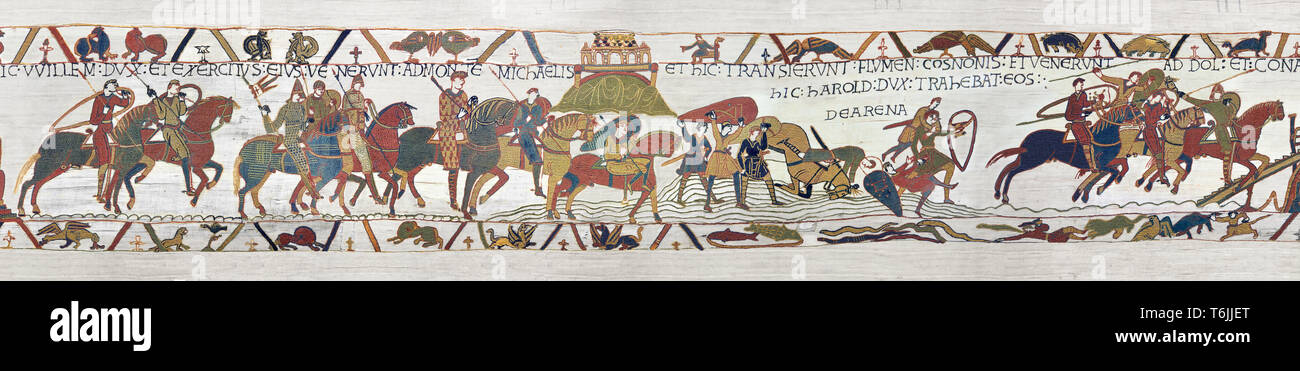 Bayeux Tapestry  Scene 16 and 17  - Williams asks Harold to joint him in war against Conan Duke of Britany on the way Soldiers get caught in Quicksand Stock Photo