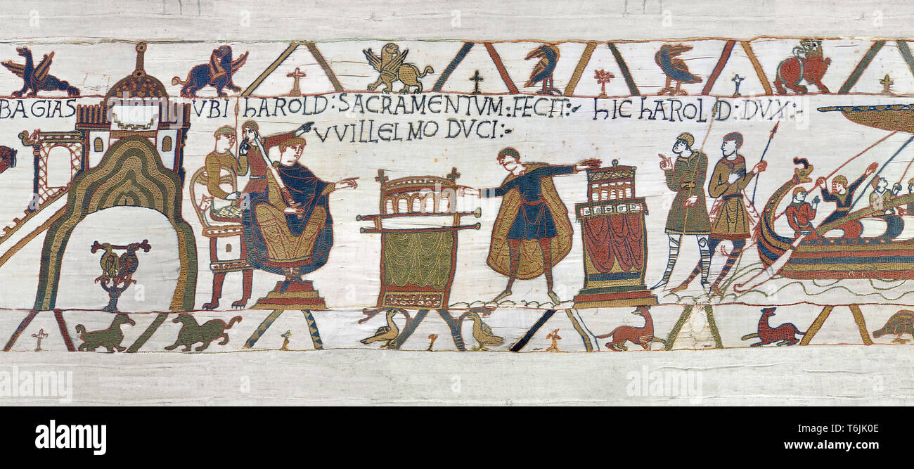 Bayeux Tapestry Scene  23 - At  Bayeux Harold,  holding two relics, swears fealty to Duke William Stock Photo
