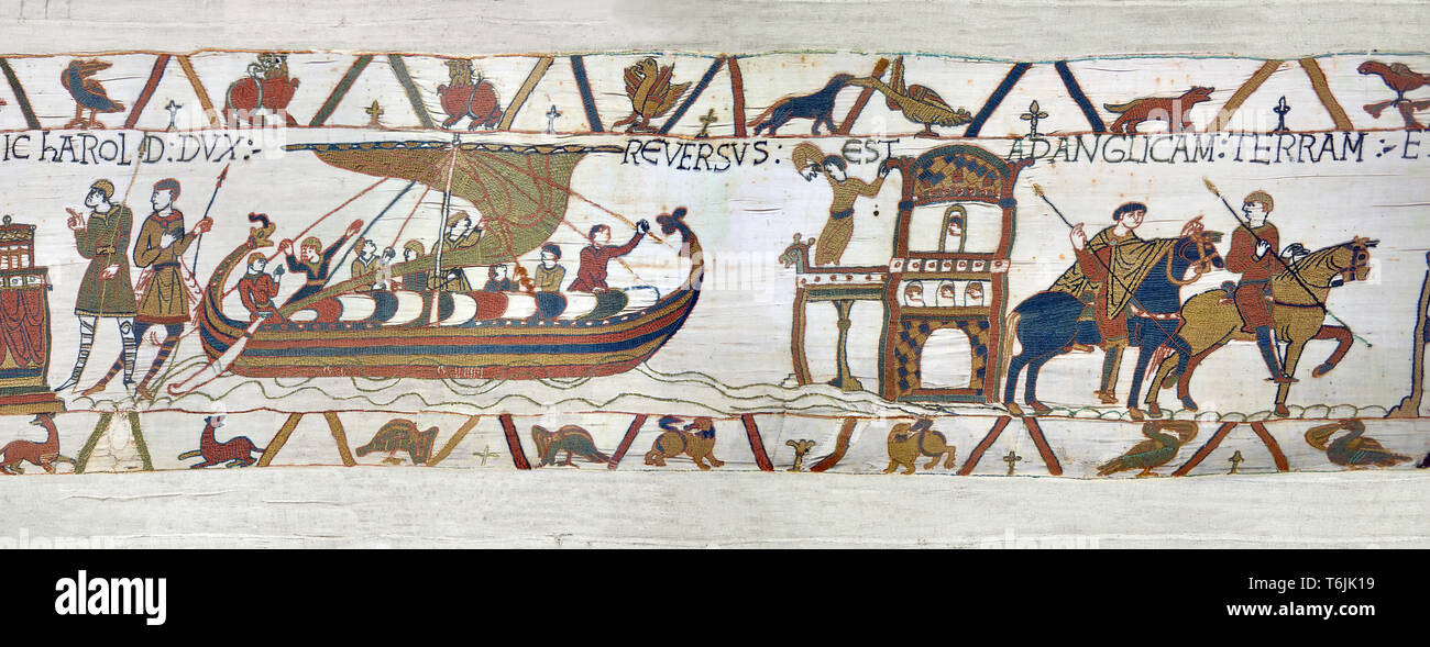 Bayeux Tapestry close up Scene 24 Harold sails back to England from