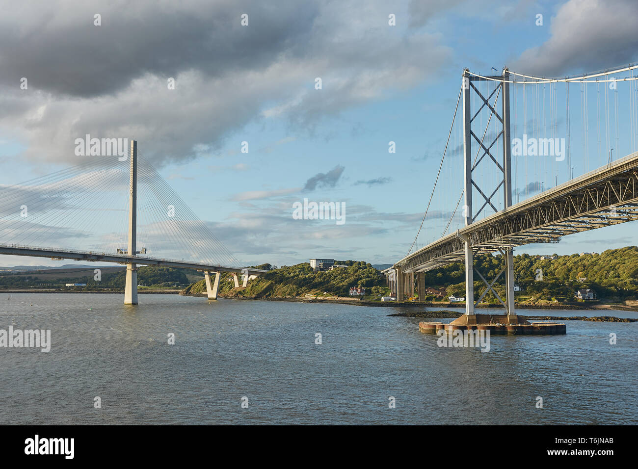 The new Queensferry Crossing bridge over the Firth of Forth with the older Forth Road bridge in Edinburgh Scotland Stock Photo