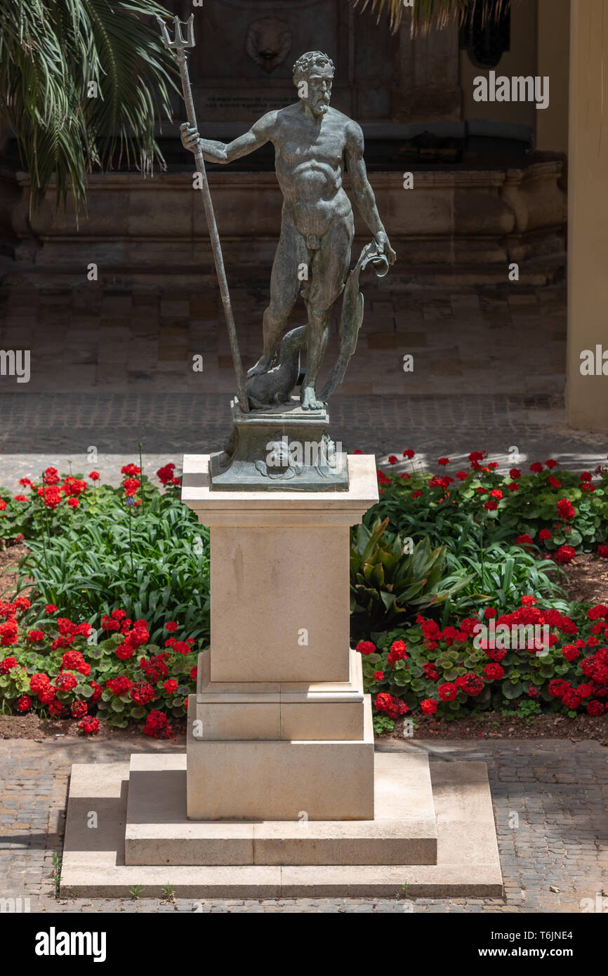 Giambologna's bronze statue of Neptune, brought by John Gaspard Le Marchant in the 19th Century to decorate the courtyard in the Grandmaster's Palace Stock Photo