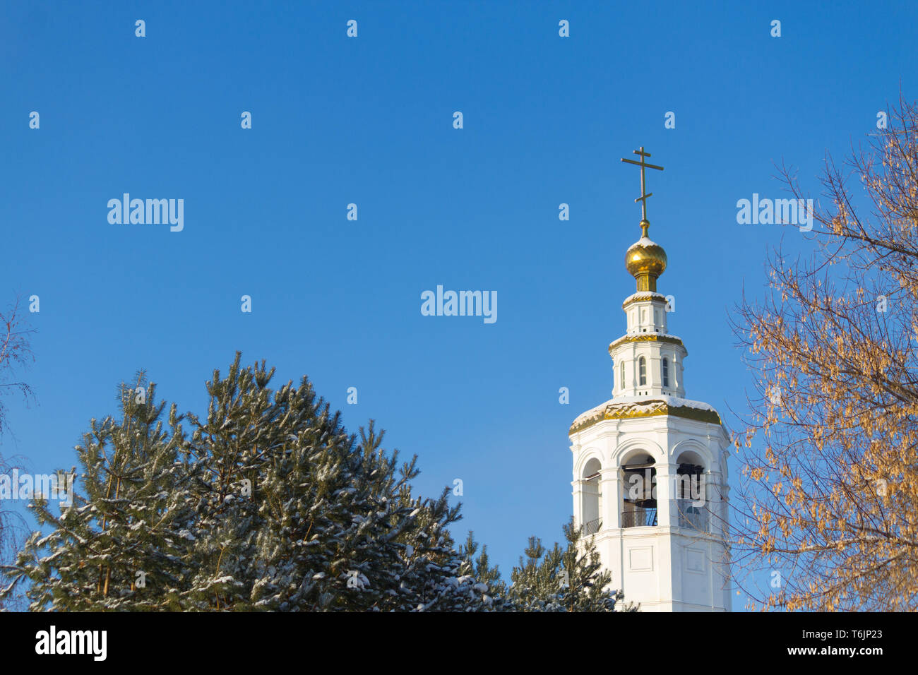 Three domes with crosses of the Orthodox Church, blue sky Stock Photo ...