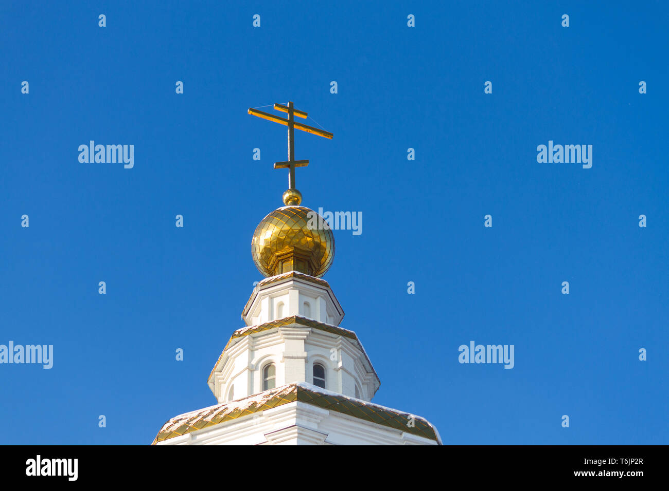 Three domes with crosses of the Orthodox Church, blue sky Stock Photo ...