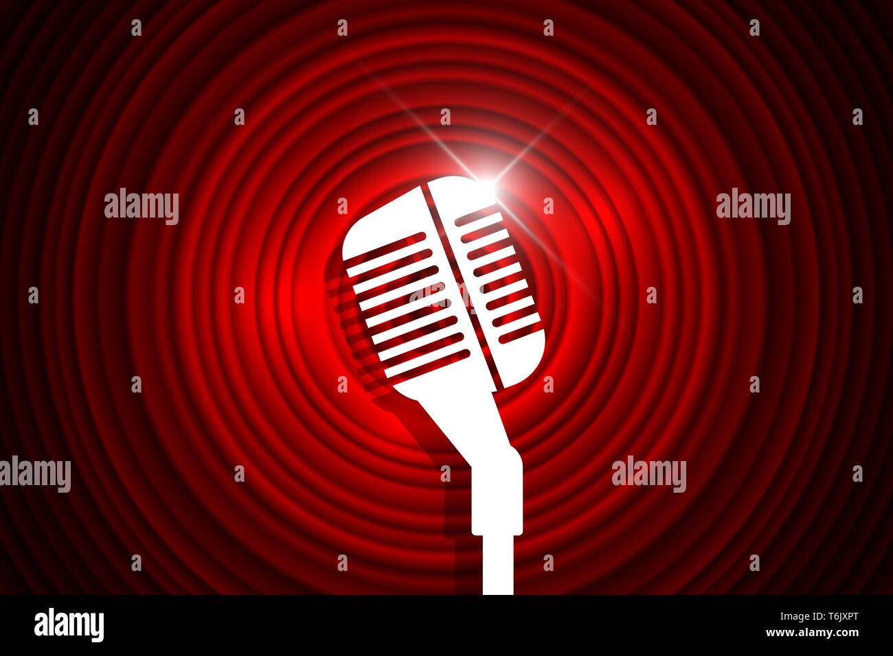 Vintage microphone on movie ending screen retro design element red circles signboard backdrop. Mic on empty theatre stage. Stand up comedian night sho Stock Vector