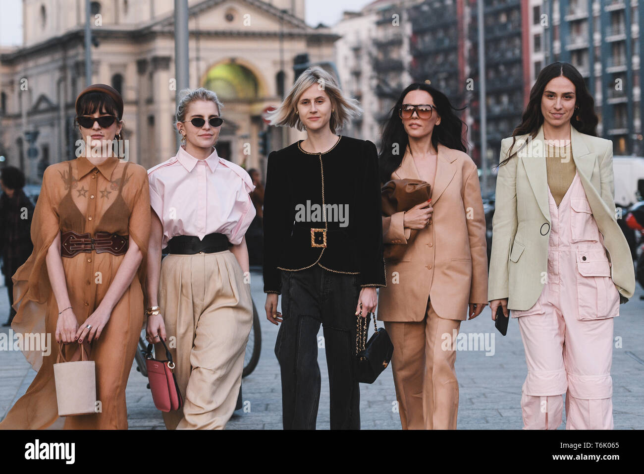Milan, Italy - February 20, 2019: Street style outfits - models, bloggers and influencers before a fashion show during Milan Fashion Week - MFWFW19 Stock Photo