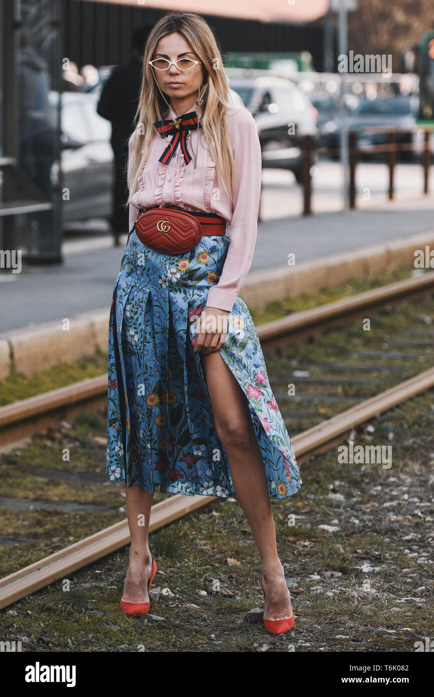 Milan, Italy - February 20, 2019: Street style - woman wearing Gucci after  a fashion show during Milan Fashion Week - MFWFW19 Stock Photo - Alamy