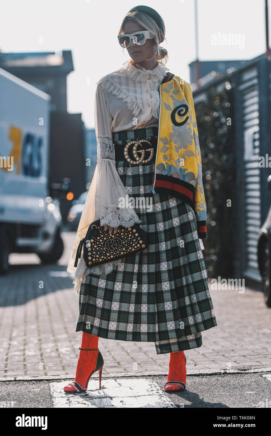 Milan, Italy - February 20, 2019: Street style - woman wearing Gucci after  a fashion show during Milan Fashion Week - MFWFW19 Stock Photo - Alamy