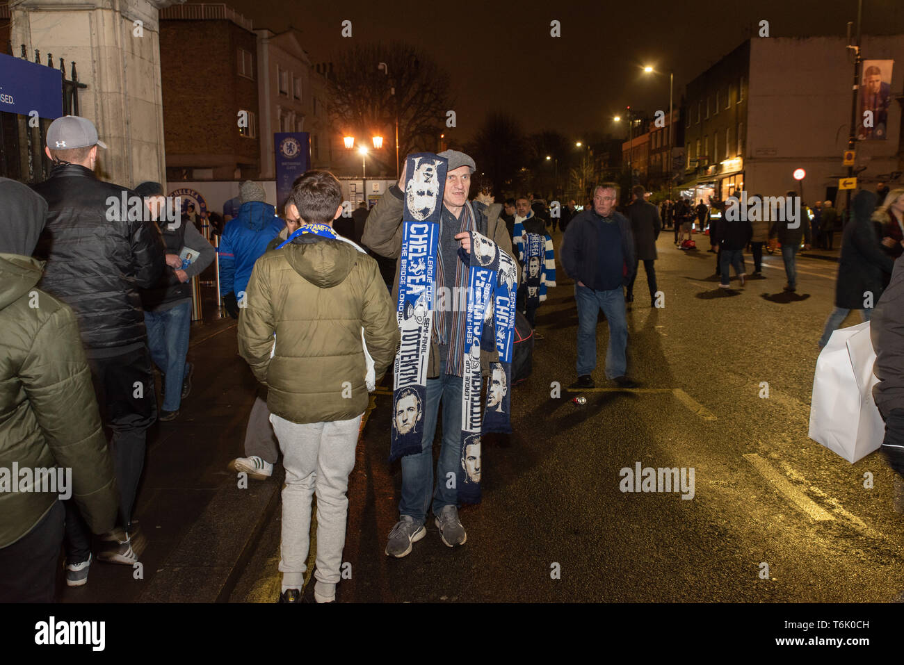 Chelsea scarves seller near Stamford Bridge, Chelsea F.C's home ground before a game against Tottenham Hotspur. Stock Photo
