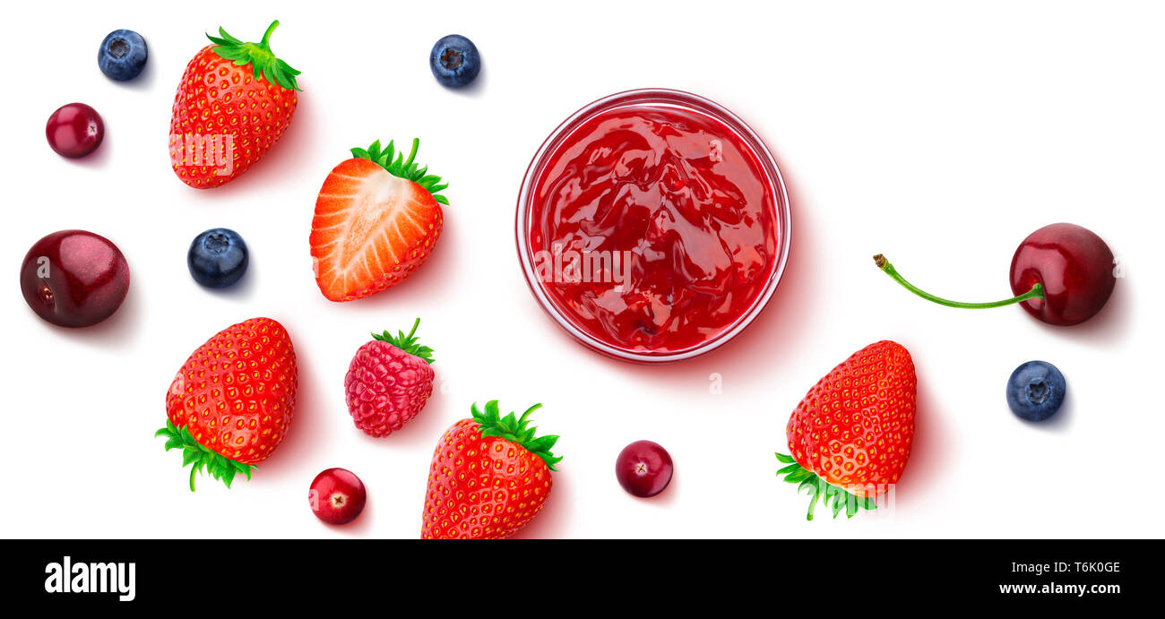 Bowl of red berry jam isolated on white background, top view Stock Photo