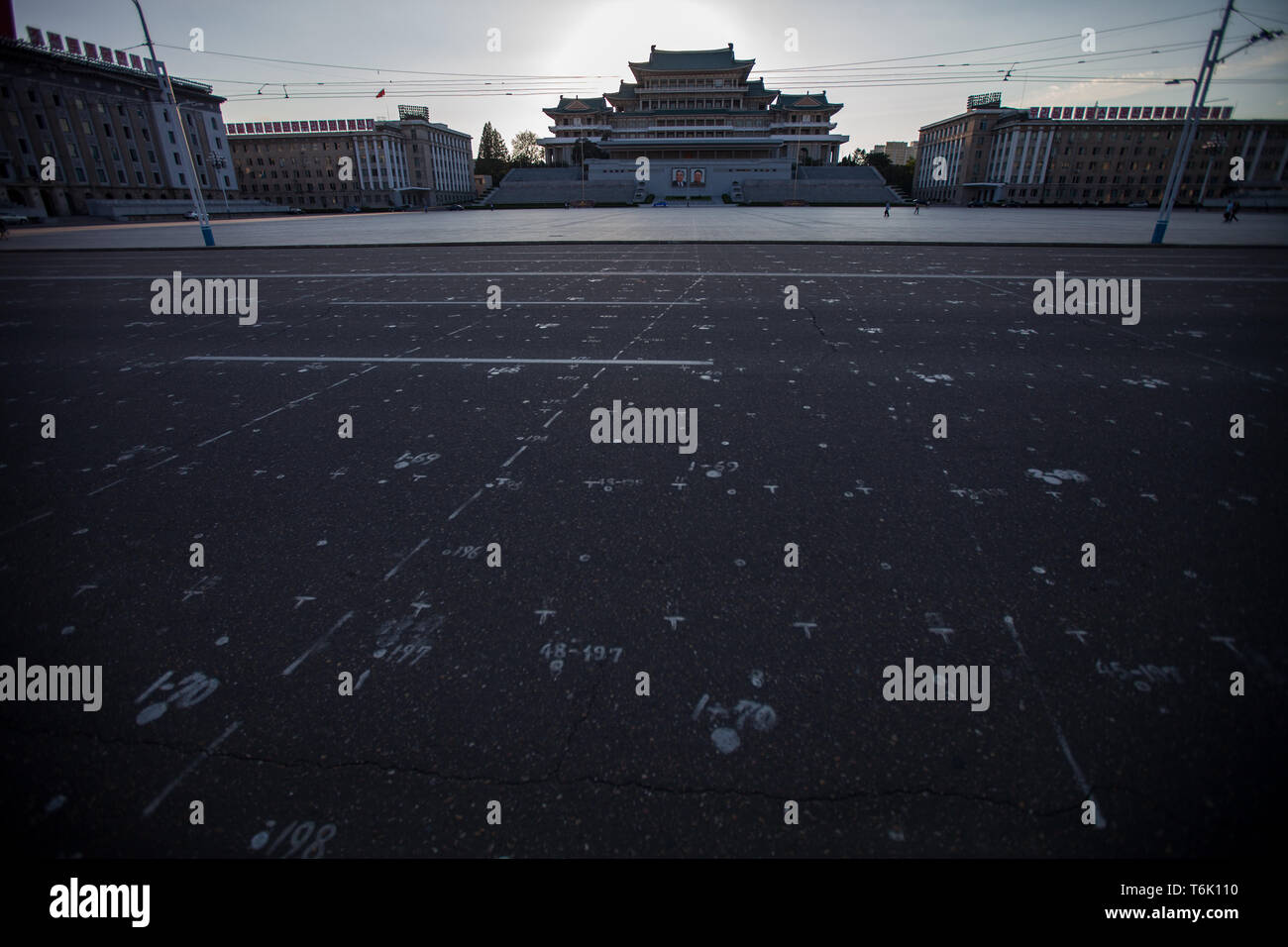 The Grand People's Study House in Kim Il Sung Square in Pyongyang. The floor is covered in marks for choreographed dances. Stock Photo