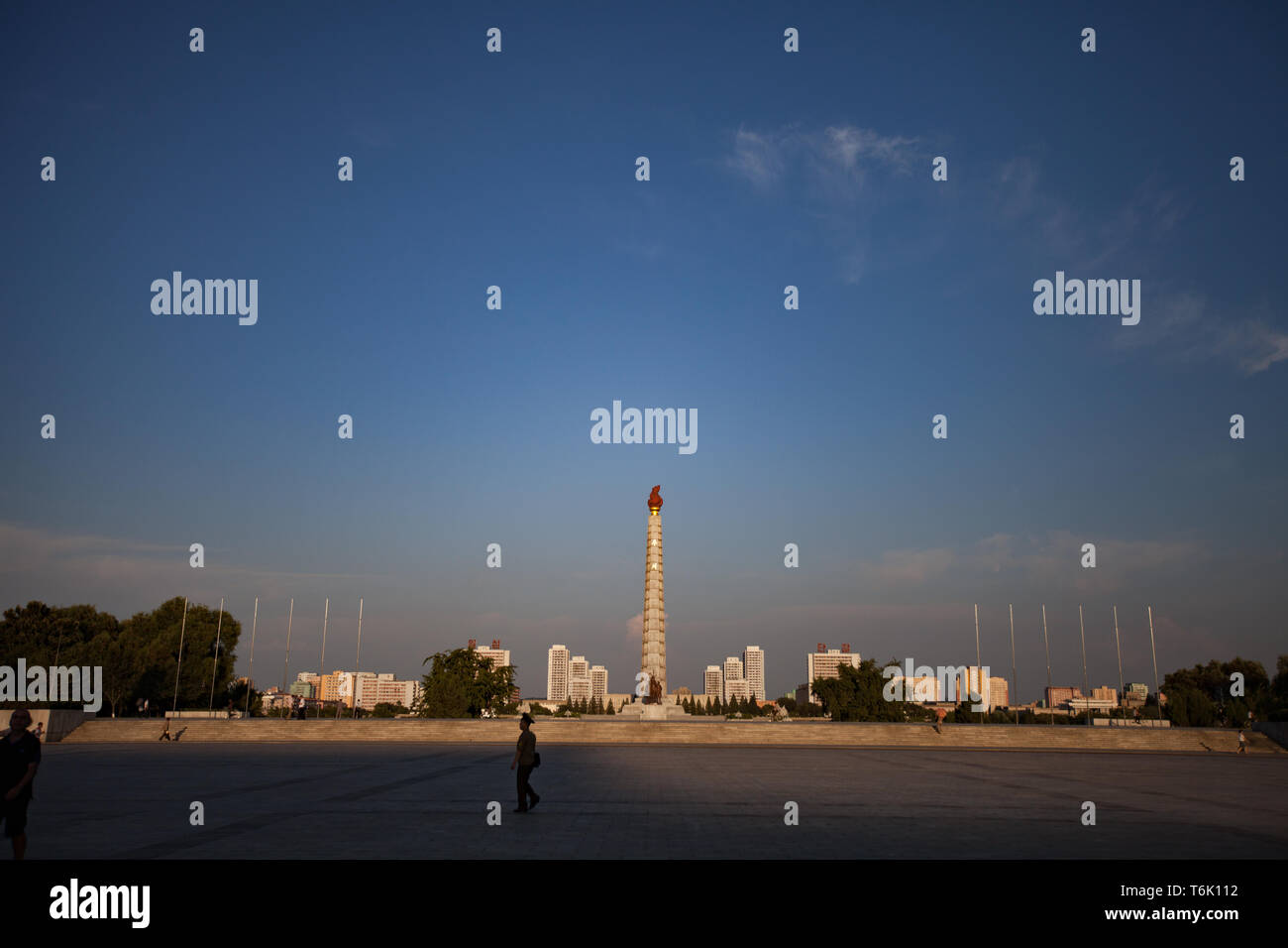 The Juche Idea Tower in Pyongyang. Juche is a North Korean political philosophy about self-reliance and controlling their own destiny. Stock Photo