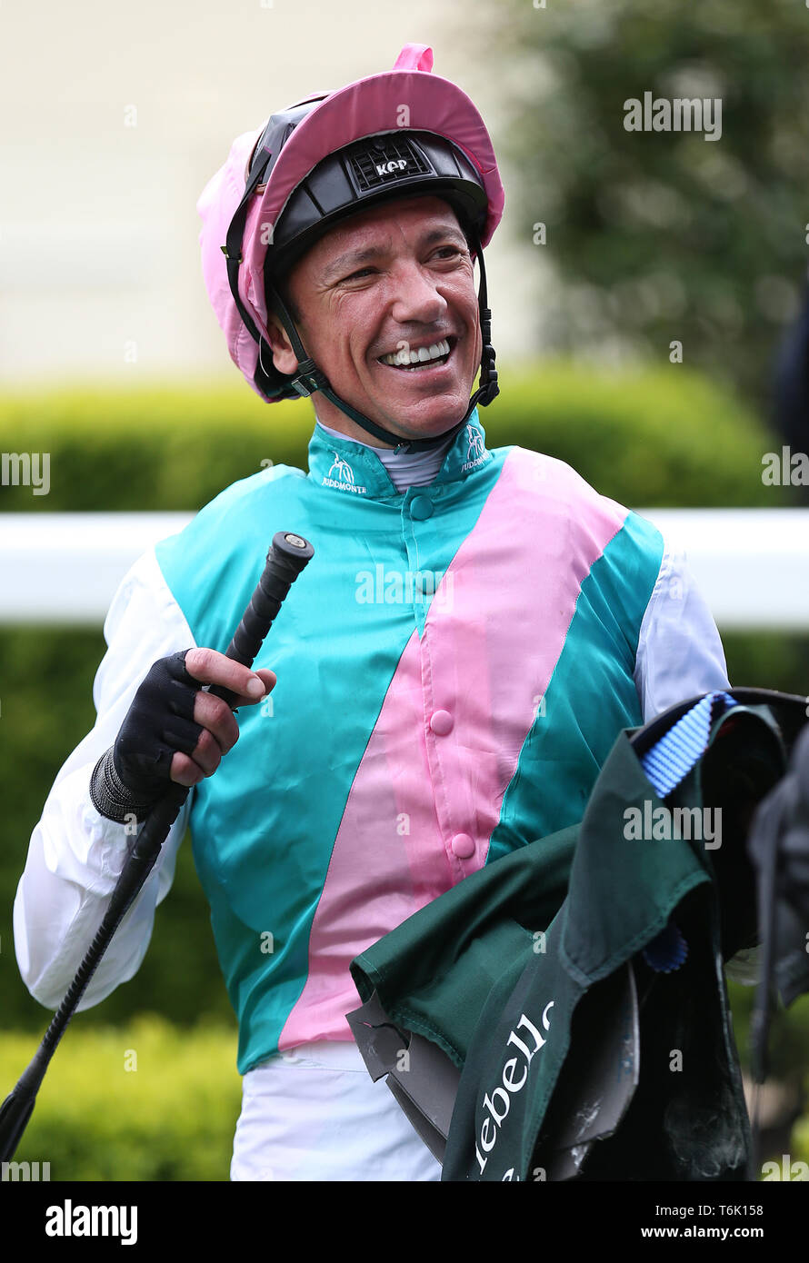Calyx ridden by Jockey Frankie Dettori after winning the Merriebelle Stable Commonwealth Cup Trial Stakes in the winners parade during Royal Ascot Trials Day at Ascot Racecourse. Stock Photo