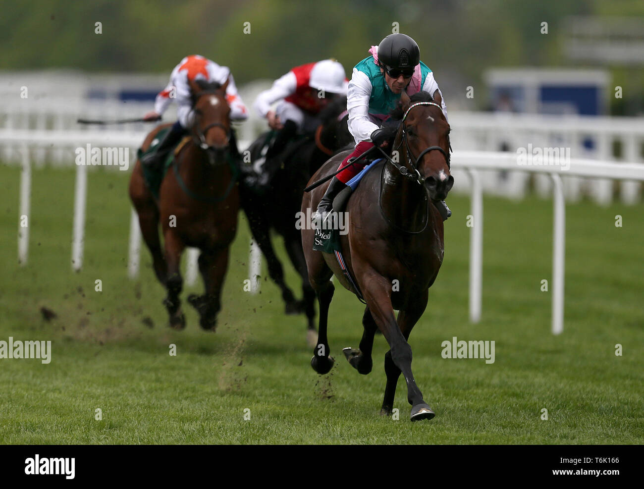 Calyx ridden by Jockey Frankie Dettori winning the Merriebelle Stable Commonwealth Cup Trial Stakes during Royal Ascot Trials Day at Ascot Racecourse. Stock Photo