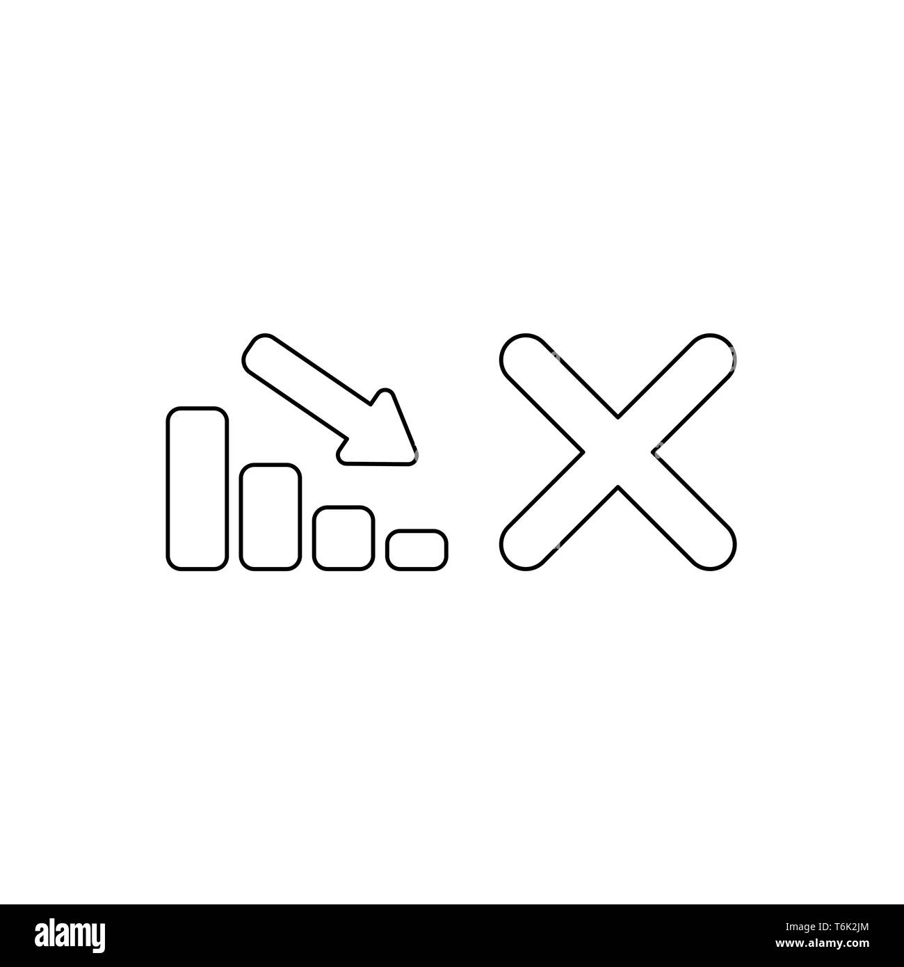 Vector icon concept of sales bar chart moving down with red x mark. Black outlines. Stock Vector