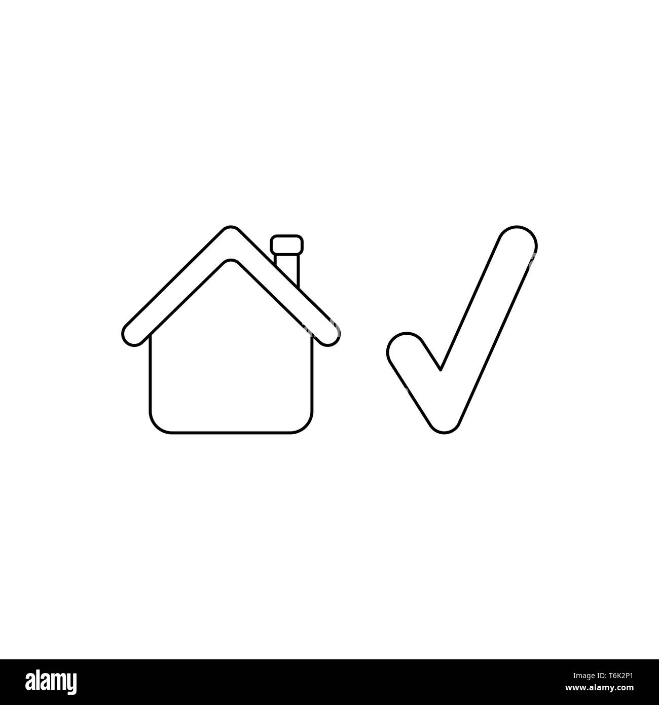 Vector icon concept of house with check mark. Black outlines. Stock Vector