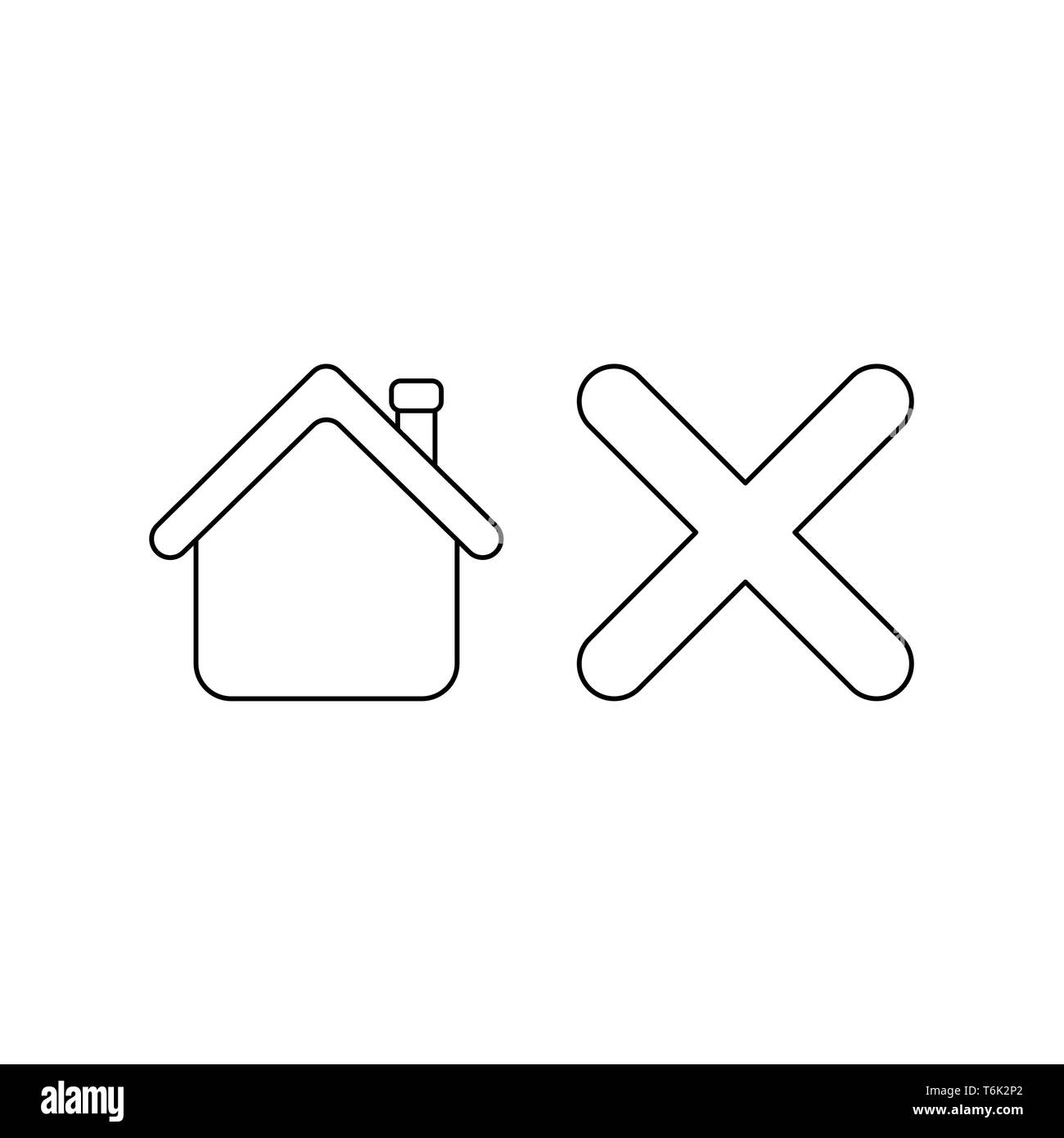 Vector icon concept of house with x mark. Black outlines. Stock Vector