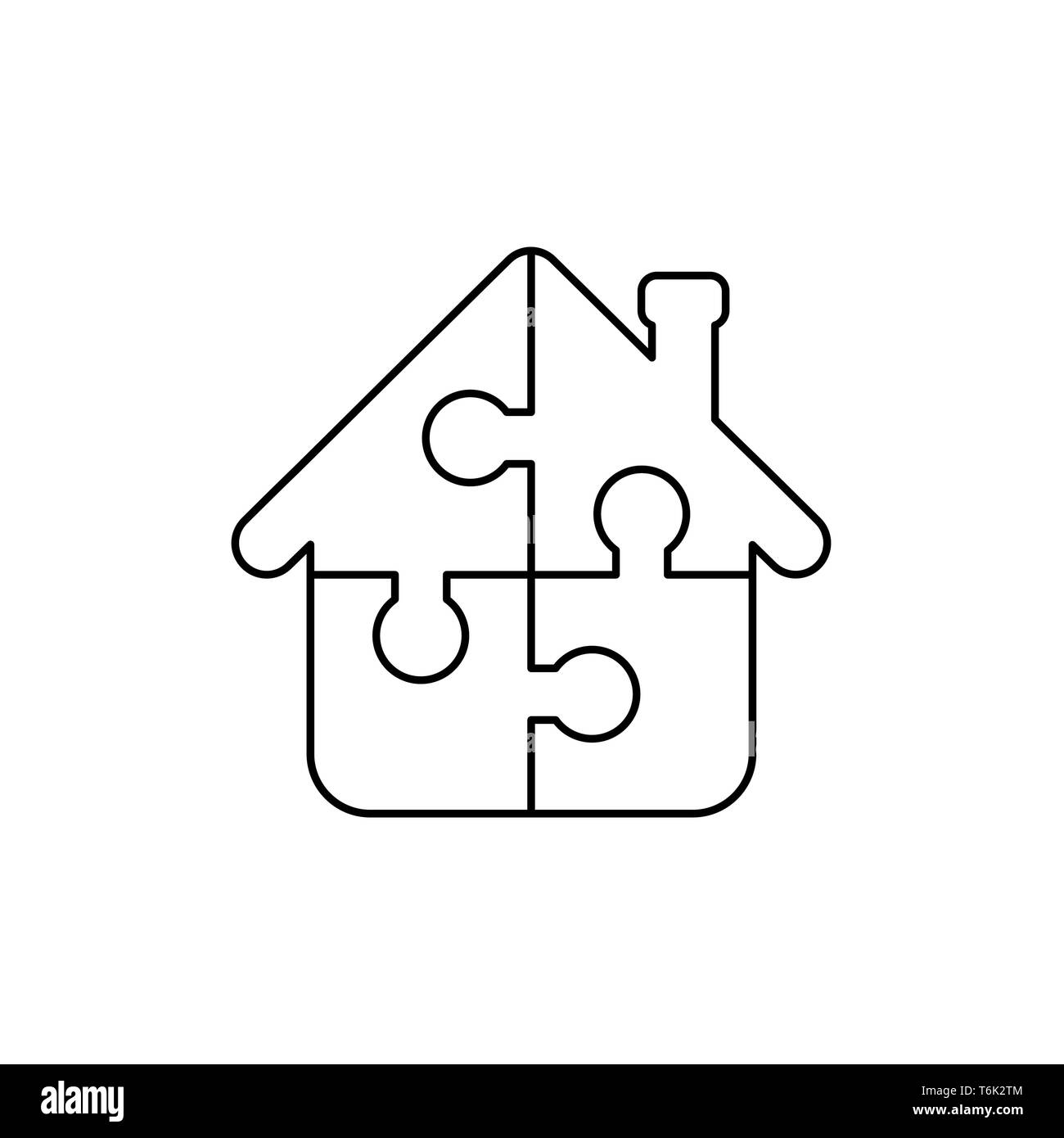 Vector icon concept of house shape four puzzle pieces connected. Black outlines. Stock Vector