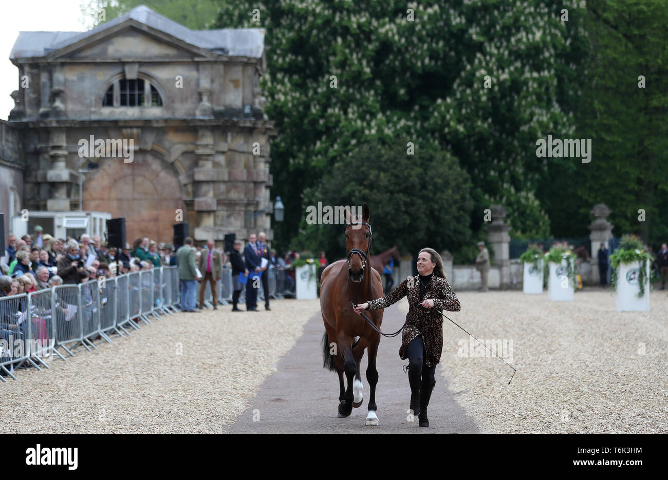 Pippa Funnell leads Billy Walk On in the Horse Inspection during day one of the 2019 Mitsubishi Motors Badminton Horse Trials at The Badminton Estate, Gloucestershire. Stock Photo