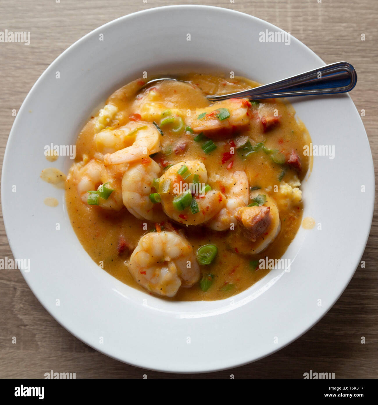 Shrimp and grits served in South Carolina, USA. The dish is typical of