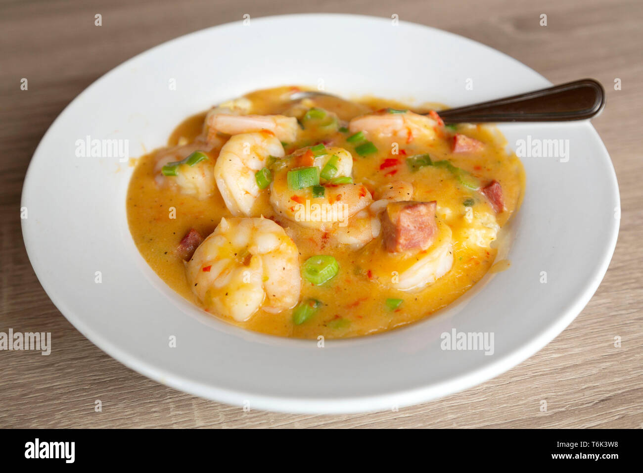 Shrimp and grits served in South Carolina, USA. The dish is typical of