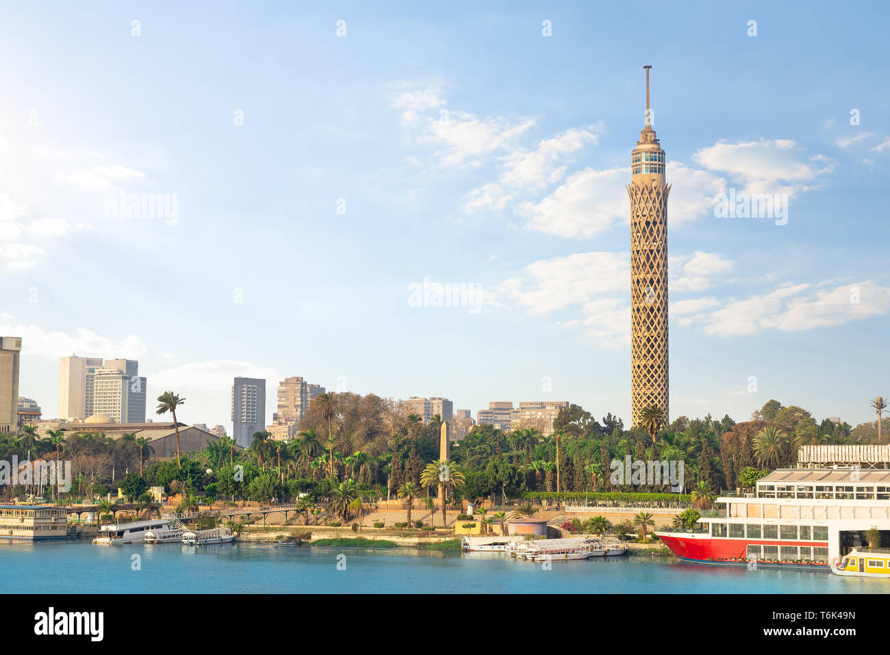 TV tower on river Nile in Cairo at sunset Stock Photo