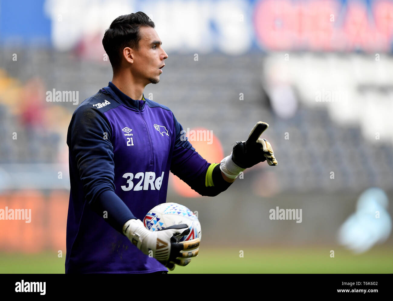 Derby County goalkeeper Kelle Roos before the Sky Bet Championship match at the Liberty Stadium, Swansea. Stock Photo