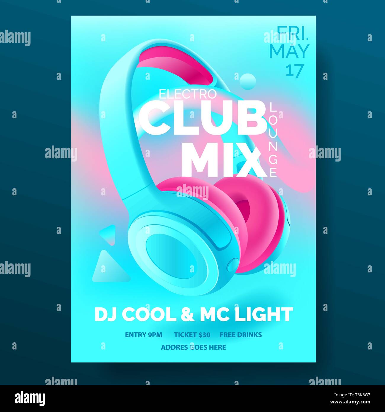 Club poster with headphones, dance party, flyer, invitation, banner template, dj music event, colorful blue and pink headphones, vector illustration Stock Vector