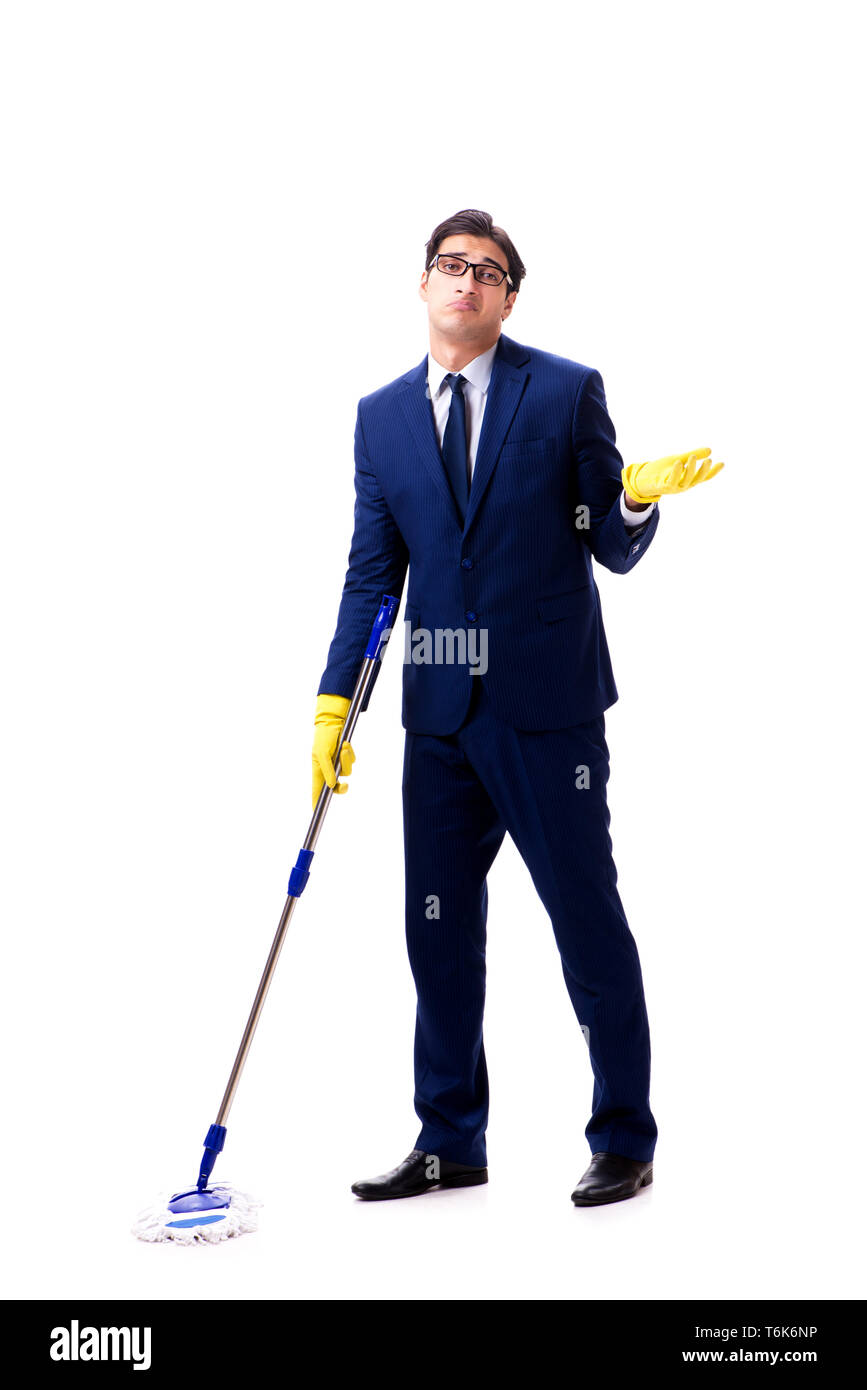 The handsome businessman with the mop isolated on white background ...