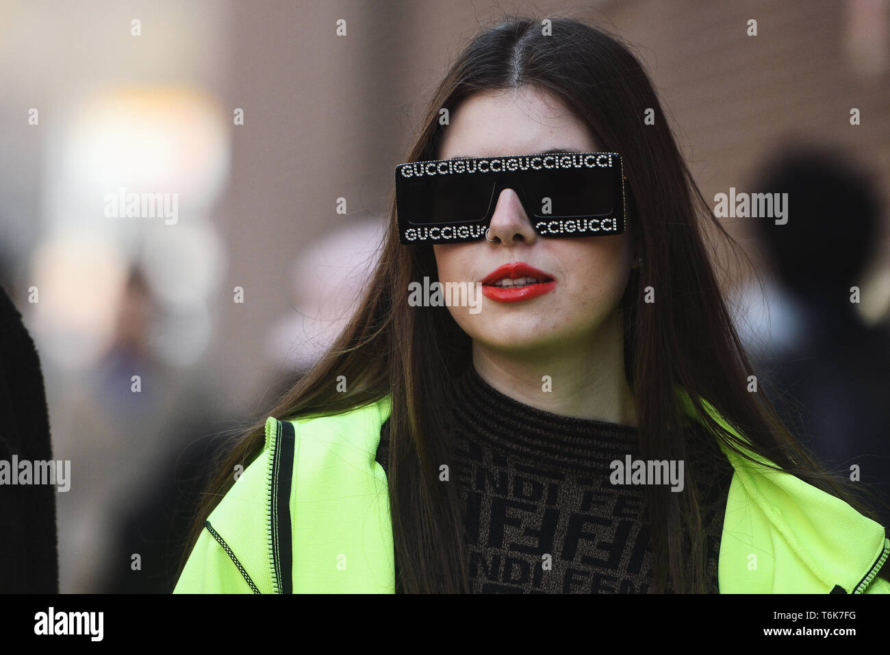 Milan, Italy - February 21, 2019: Street style – Woman wearing a Fendi purse before a fashion show during Milan Fashion Week - MFWFW19 Stock Photo