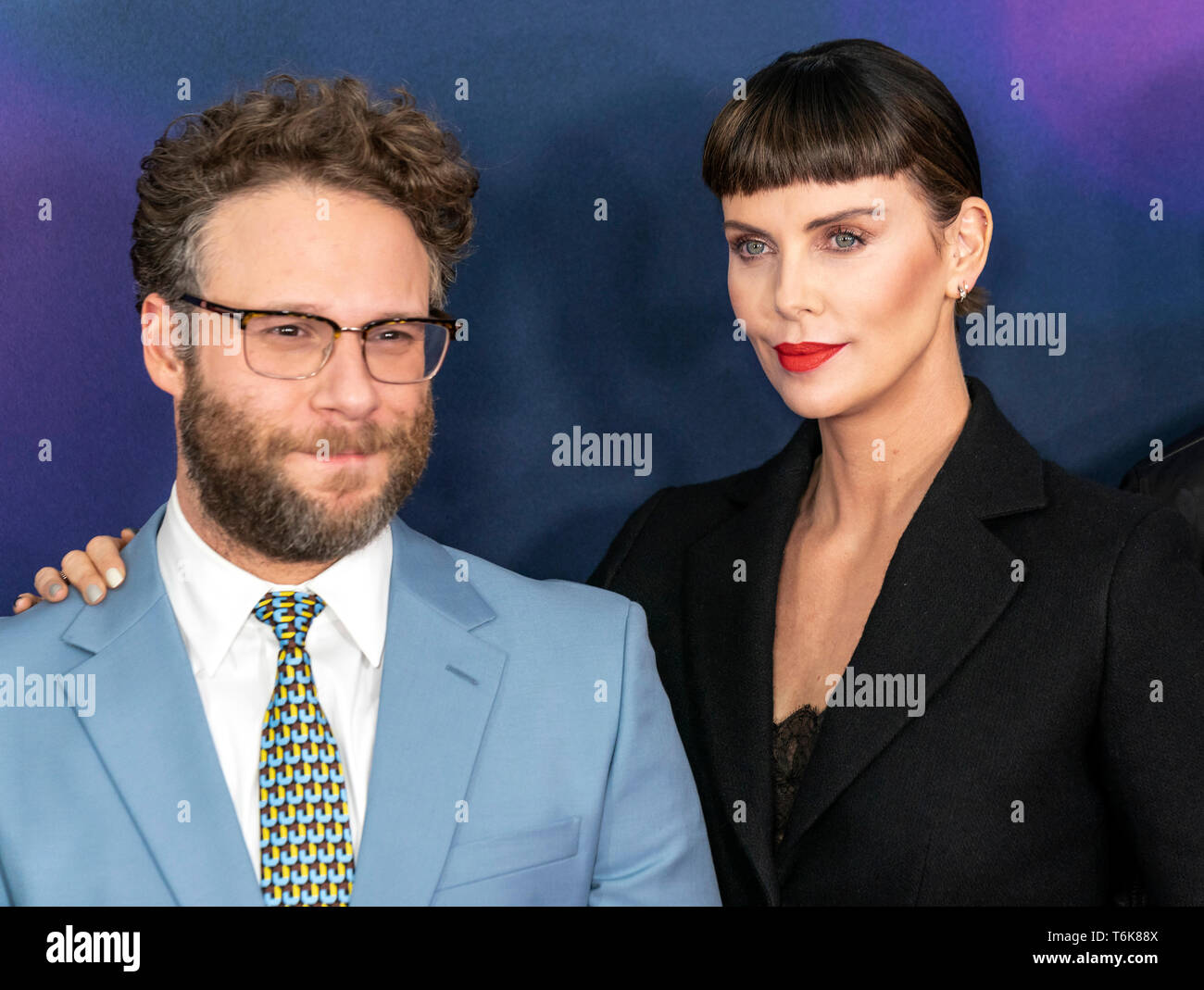 New York, NY - APRIL 30: Seth Rogen and Charlize Theron attend the premiere of 'Long Shot' at AMC Lincoln Square Theater Stock Photo