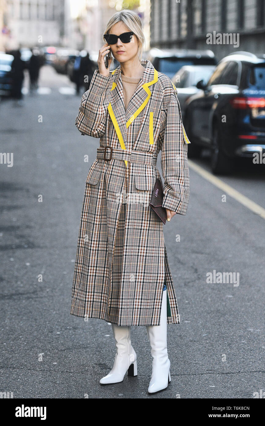 Milan, Italy - February 22, 2019: Street style - Influencer Linda Tol after a fashion show during Milan Fashion Week - MFWFW19 Stock Photo