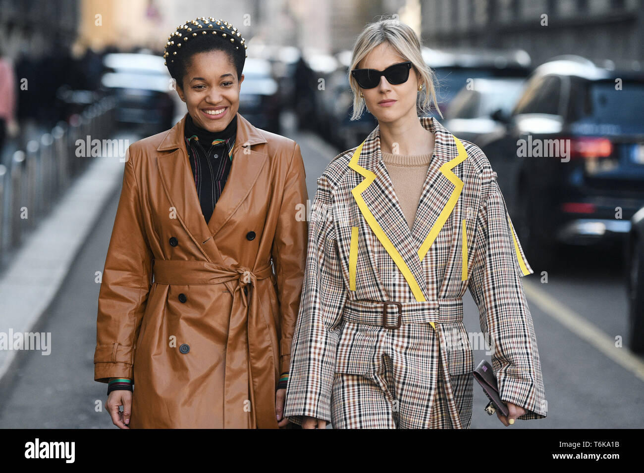 Milan, Italy - February 22, 2019: Street style – Influencers Tamu McPherson and Linda Tol after Stock Photo