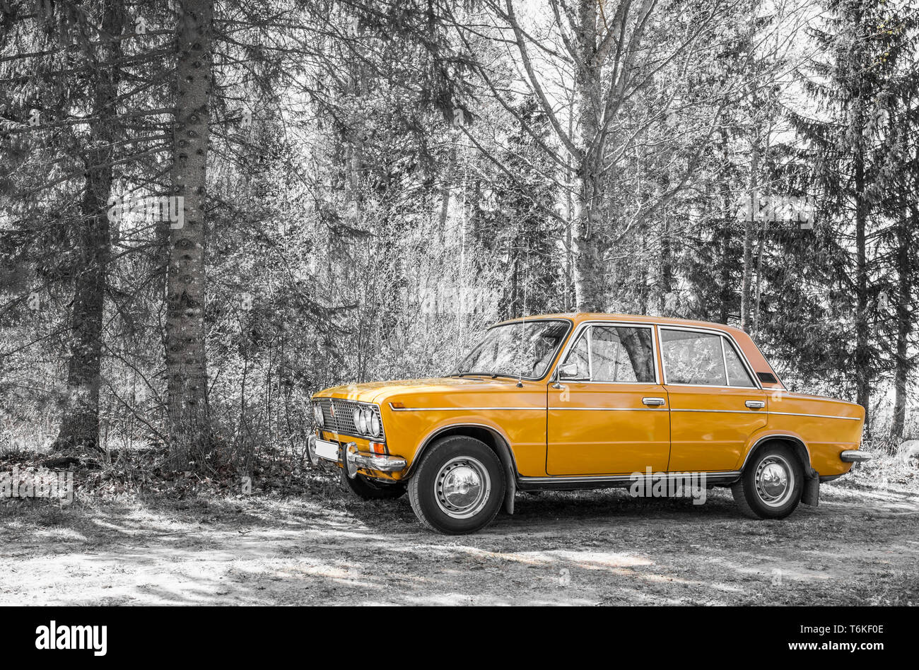 Tallinn,Harjumaa/Estonia-01MAY2019: Perfect condition retro car LADA 1600 (from year 1977) parked by the dirt road, next to forest, nature outdoors in Stock Photo