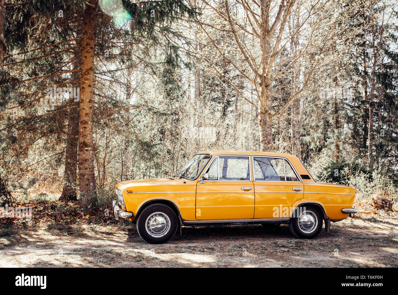 Tallinn,Harjumaa/Estonia-01MAY2019: Perfect condition retro car LADA 1600 (from year 1977) parked by the dirt road, next to forest, nature outdoors in Stock Photo