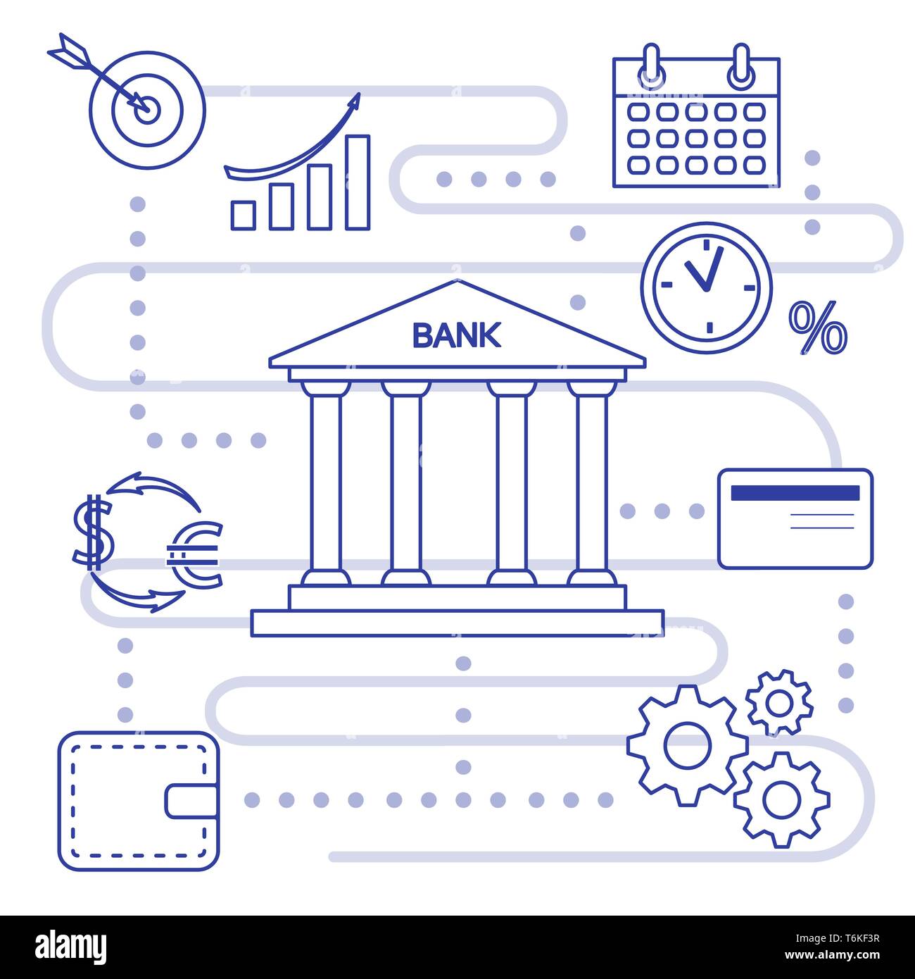 Vector illustration with banking line icon. Bank building, credit card,  percentage, profit growth chart, currency exchange, gears, wallet. Finance,  mo Stock Vector Image & Art - Alamy