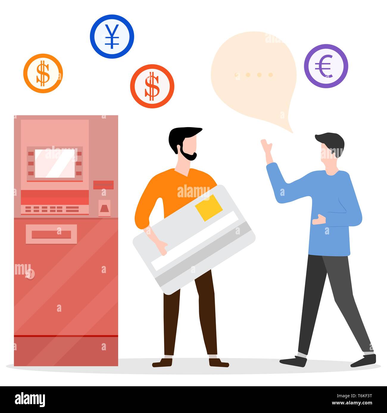 Vector illustration with people near ATM. Man with bank card, male ...