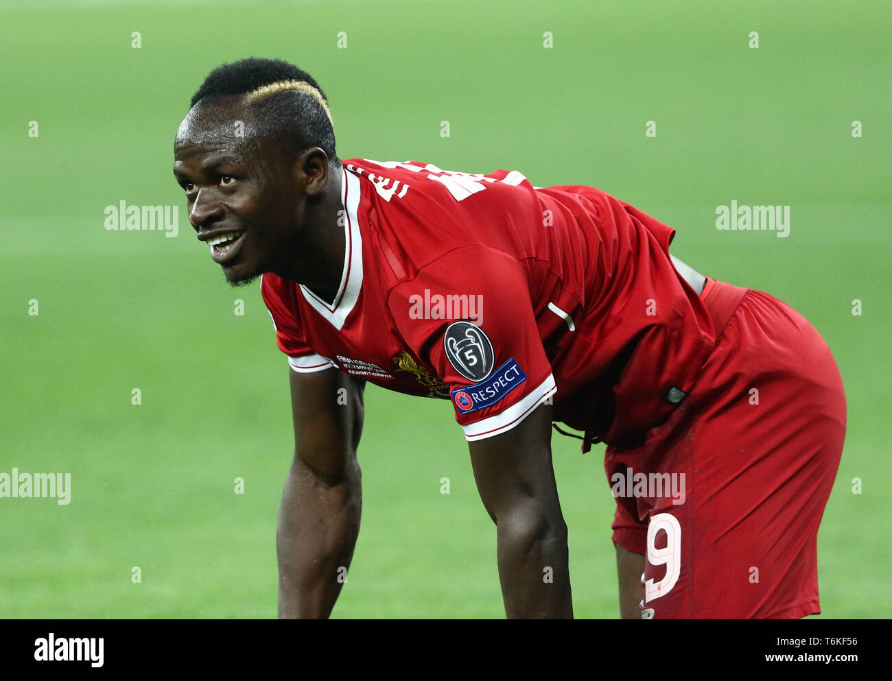 Sadio Mane of Liverpool lies on a grass during the UEFA Champions League Final 2018 game against Real Madrid Stock Photo