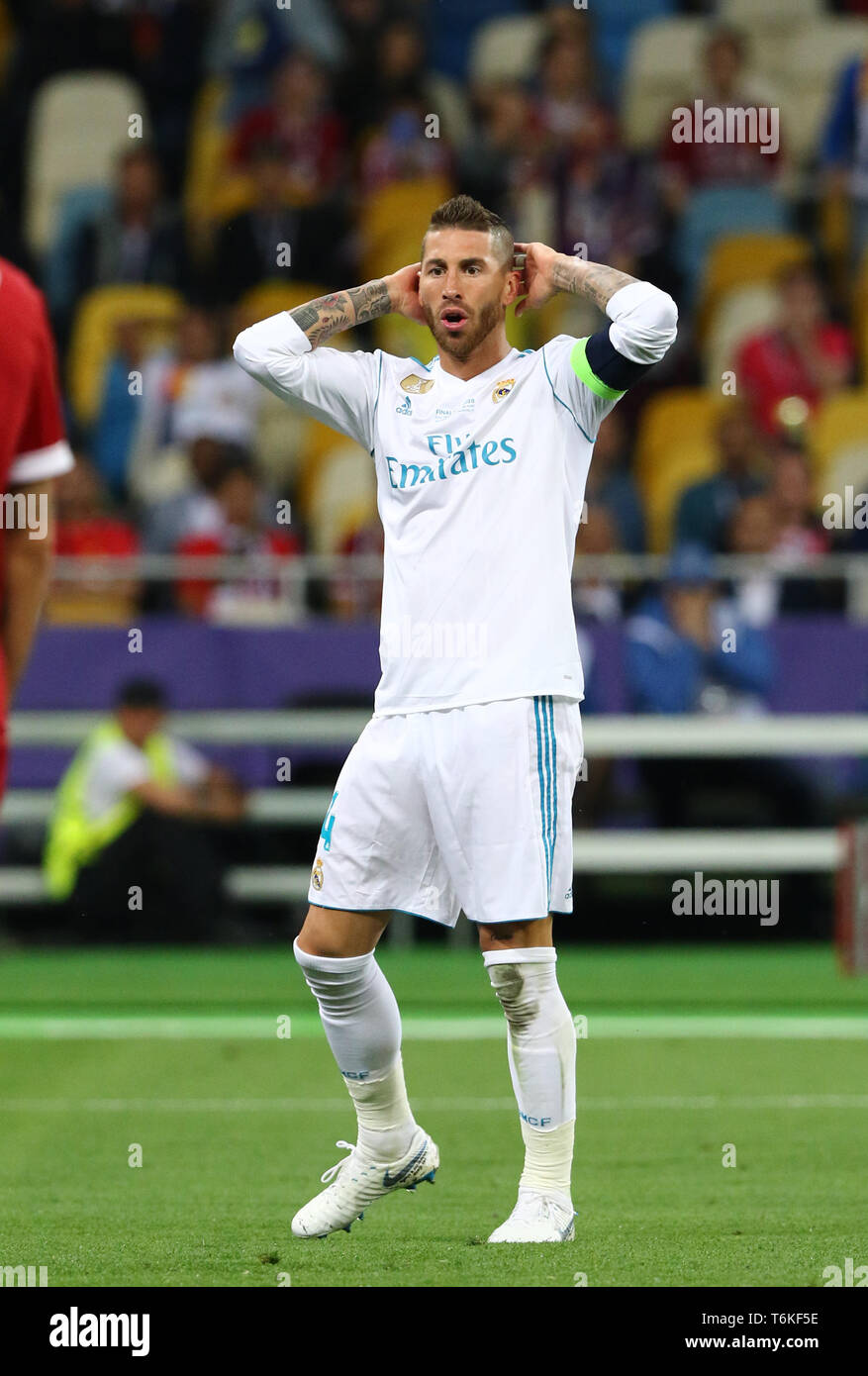 Sergio Ramos of Real Madrid reacts during the UEFA Champions League Final 2018 game against Liverpool Stock Photo