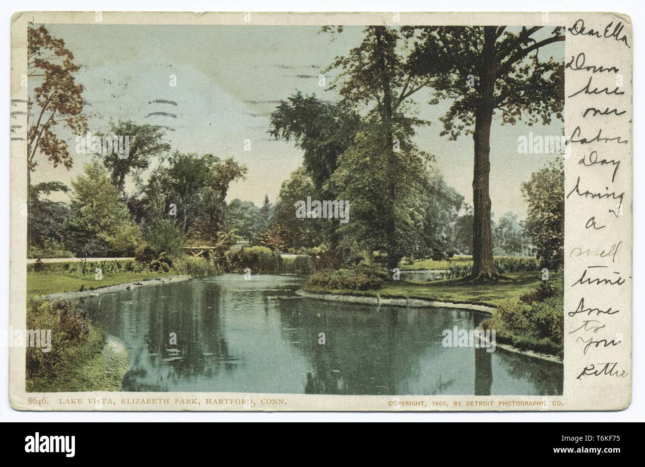 Detroit Publishing Company vintage postcard depicting Lake Vista in Elizabeth Park, Hartford, Connecticut, 1914. From the New York Public Library. () Stock Photo