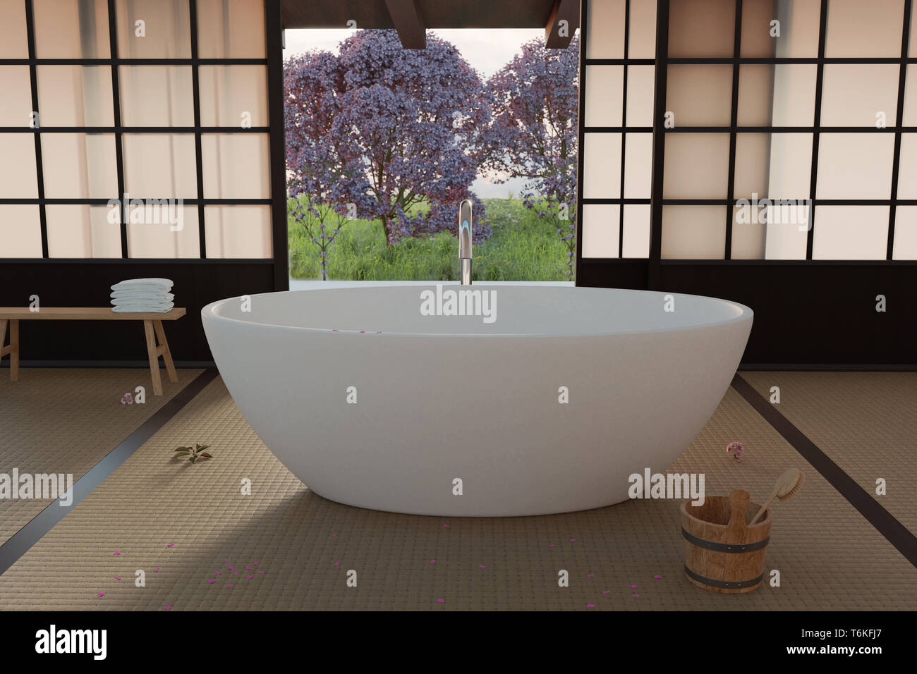 3d rendering of free standing bathtub at traditional japanese house in front of cherry trees Stock Photo