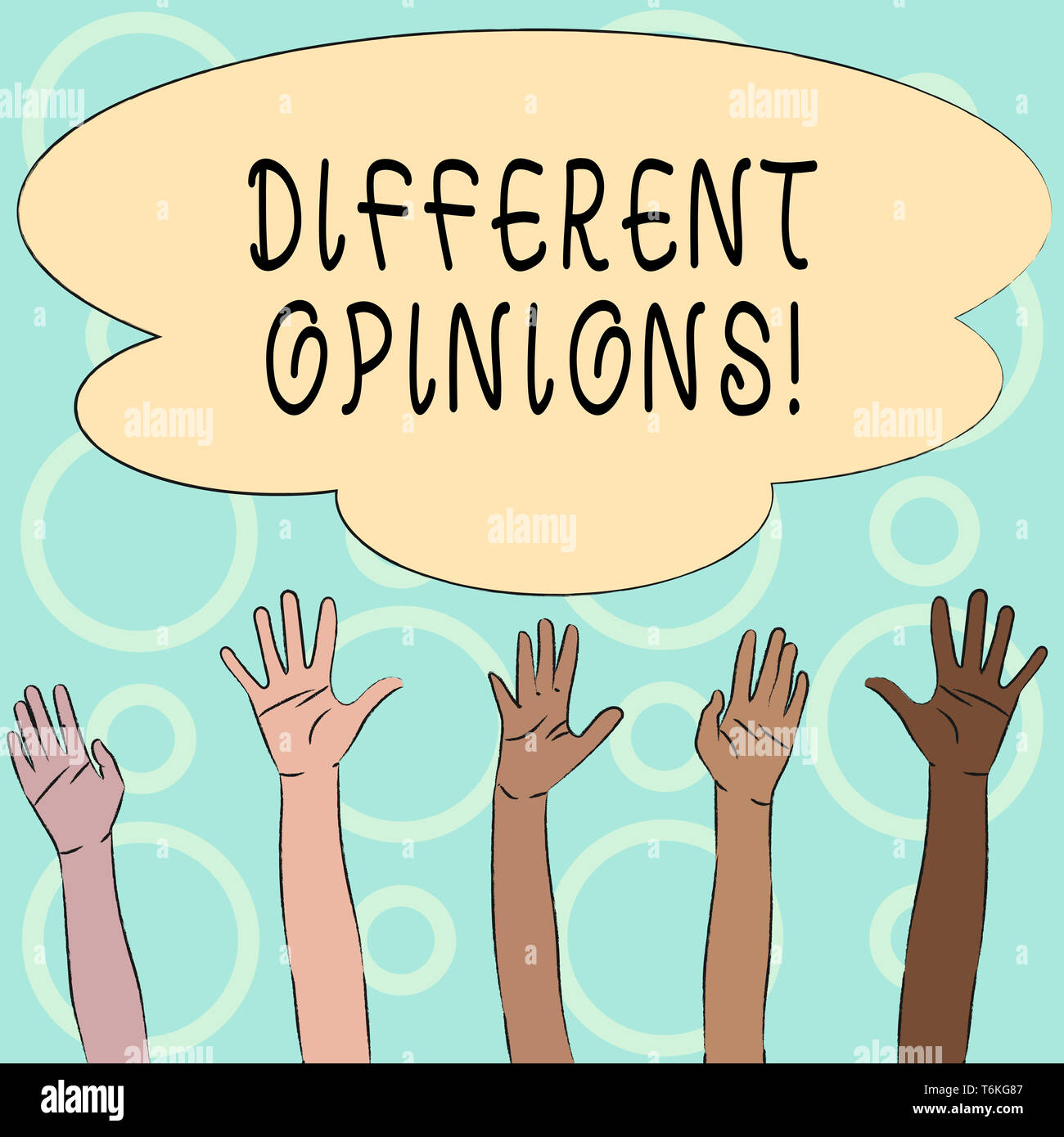 Conceptual hand writing showing Different Opinions. Concept meaning a conflict of opposed ideas or attitudes or goals Multiracial Hands Raising Up Rea Stock Photo